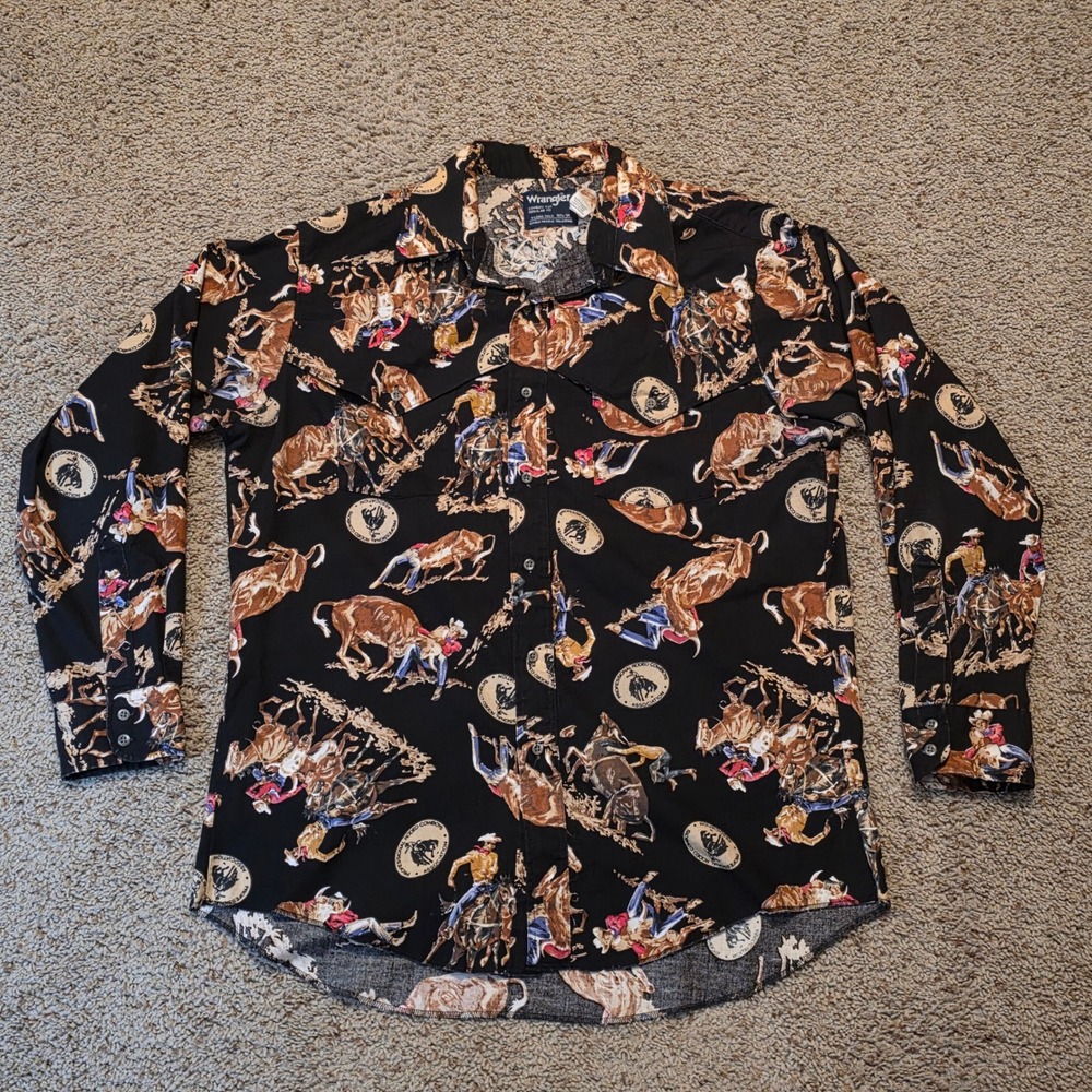 Wrangler Shirt Cowboy Cut PRCA Rodeo Print Western Black Mens 16.5-34 USA Made